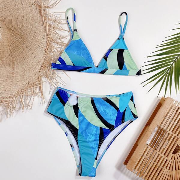 

Color Block Micro Triangle Bikini Swimsuit, Multicolor