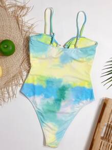 Tie Dye Cut Out One Piece Swimsuit Summer - Multicolor - View 2