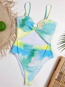 Tie Dye Cut Out One Piece Swimsuit Summer - Multicolor - View 5