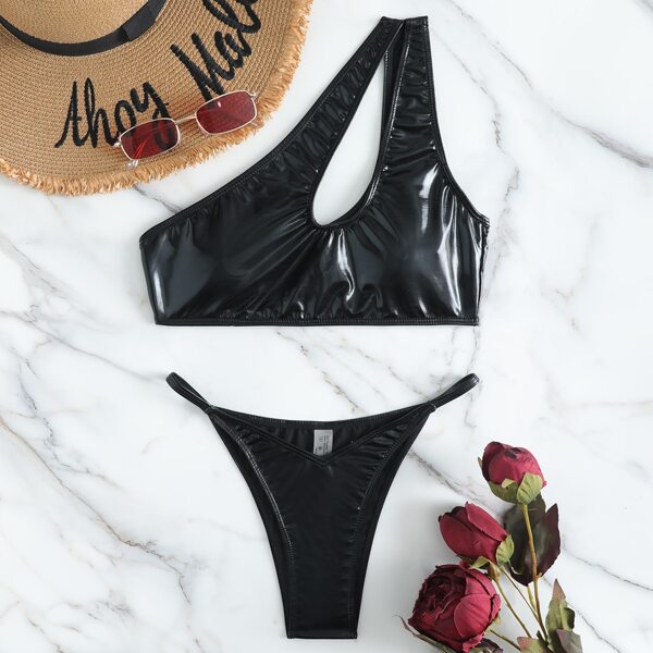 

PU Cut-out One Shoulder Bikini Swimsuit, Black