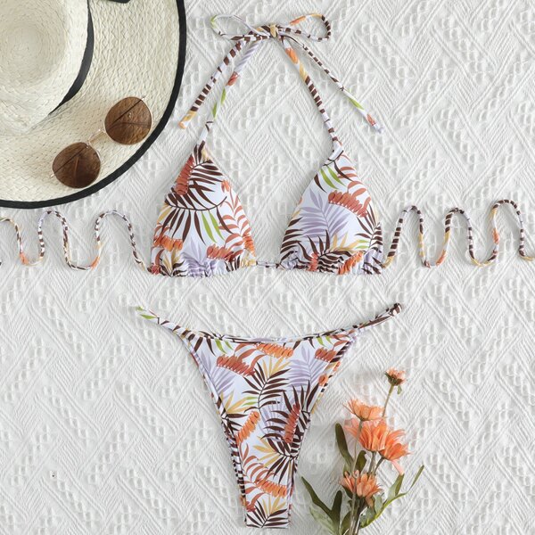 

Leaf Print Triangle Thong Bikini Swimsuit, Multicolor
