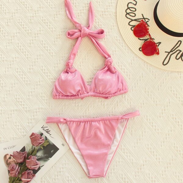 

Metallic Halter Thong Bikini Swimsuit, Baby pink
