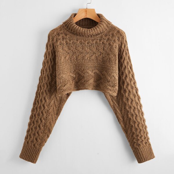 

Turtleneck Batwing Sleeve Cable Knit Crop Sweater, Chocolate brown