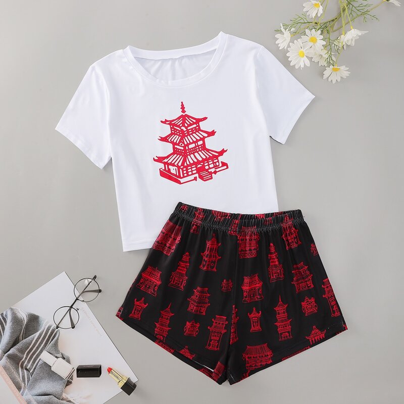 

Graphic Print Tee With Shorts Pajama Set, Multicolor