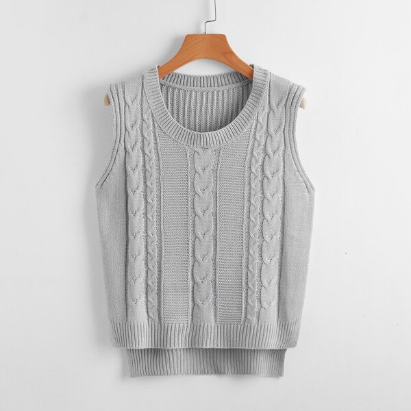 

Asymmetrical Hem Cable Knit Sweater Vest, Light grey