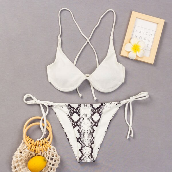 

Snakeskin Print Underwire Bikini Swimsuit, Black and white
