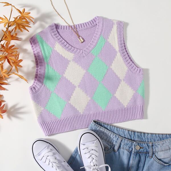 

Colorblock Argyle Pattern Sweater Vest, Multicolor