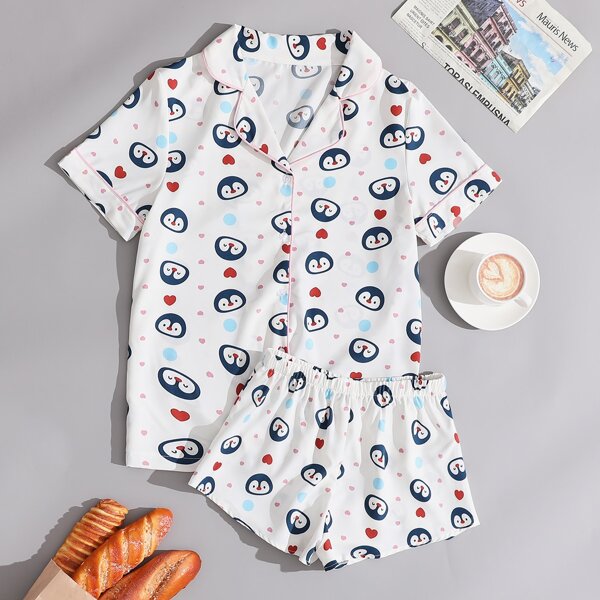

Cartoon And Heart Print Lapel Collar Button Front Night Set, Multicolor