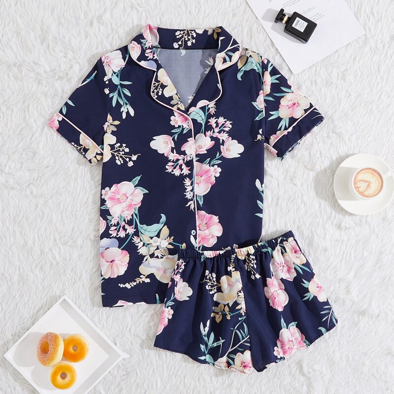 

Floral Print Lapel Collar Button Front Night Set, Navy blue