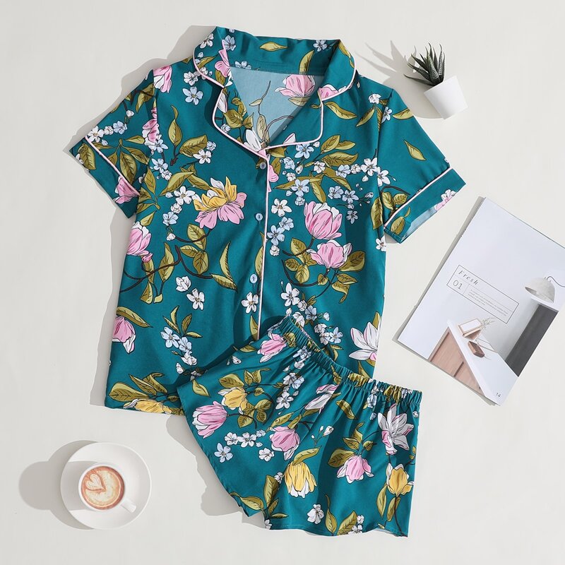

All Over Floral Print Button Front Night Set, Teal blue