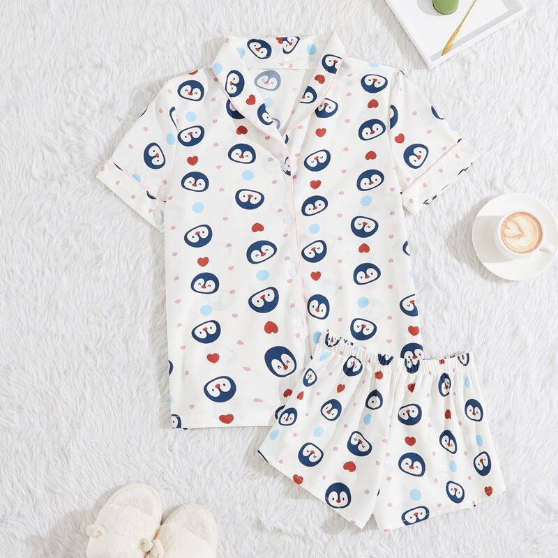 

Cartoon And Heart Print Button Front Night Set, Multicolor