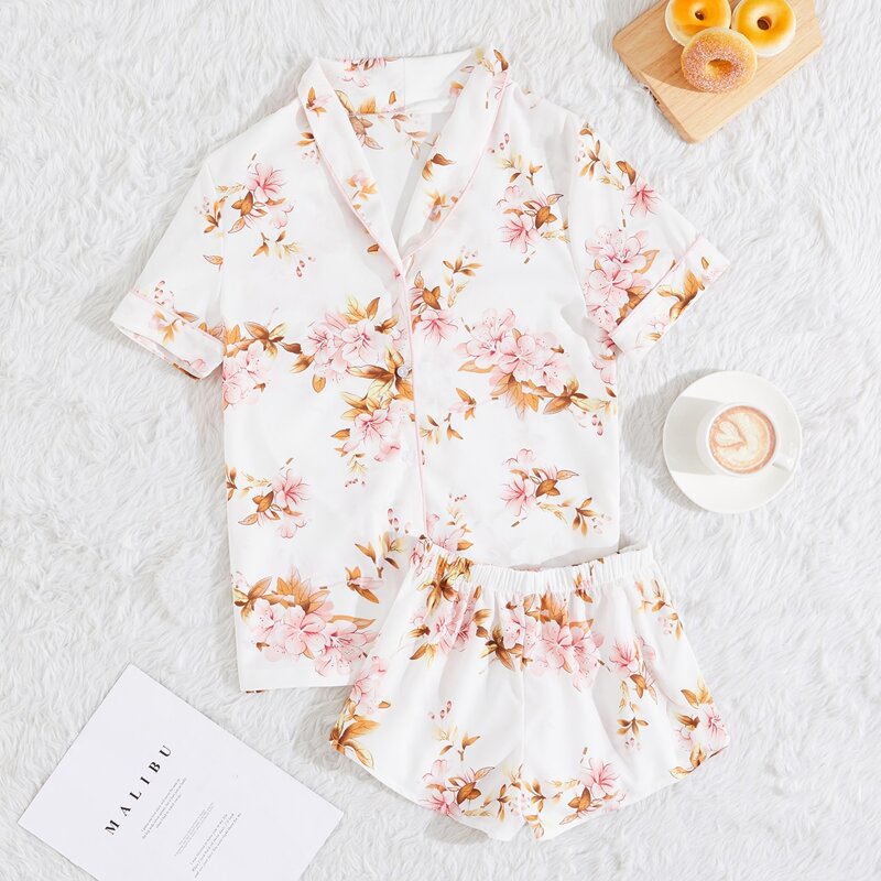 

All Over Floral Print Button Front Night Set, Multicolor