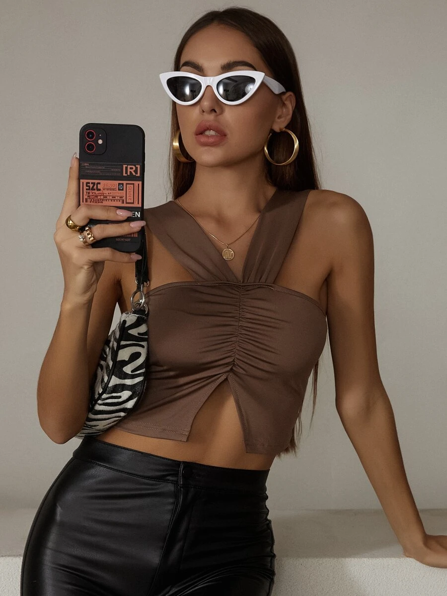SHEIN Privé Halterneck Ruched Front Slit Hem Crop Top