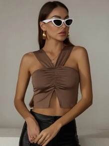 SHEIN Privé Halterneck Ruched Front Slit Hem Crop Top