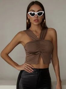SHEIN Privé Halterneck Ruched Front Slit Hem Crop Top