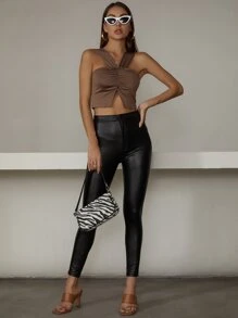 SHEIN Privé Halterneck Ruched Front Slit Hem Crop Top