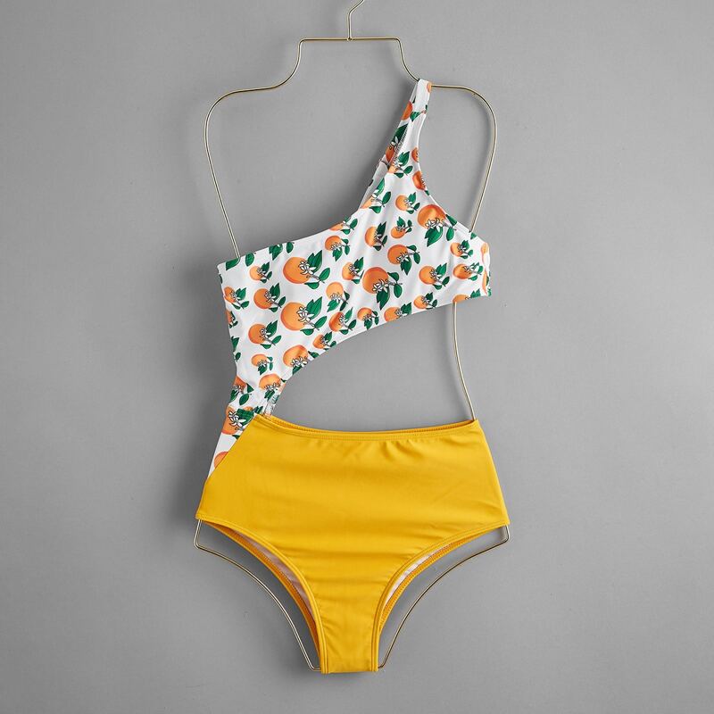 

Orange Print Cut-out One Piece Swimsuit, Multicolor