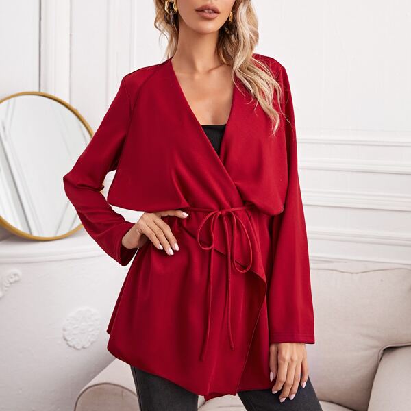 

Solid Belted Waterfall Coat, Red