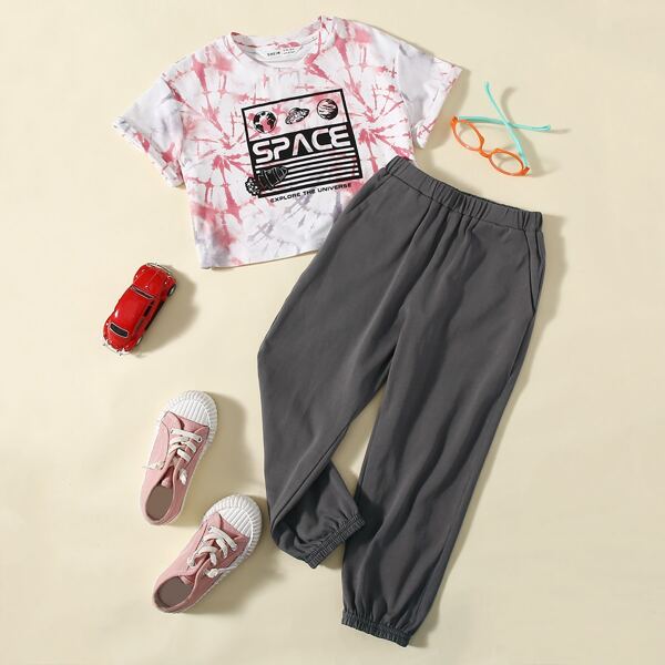 

Toddler Girls Letter Graphic Tie Dye Tee & Elastic Waist Joggers Set, Multicolor