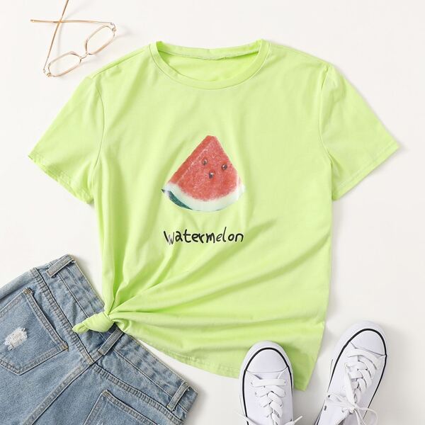 

Watermelon & Letter Graphic Tee, Pastel lime green