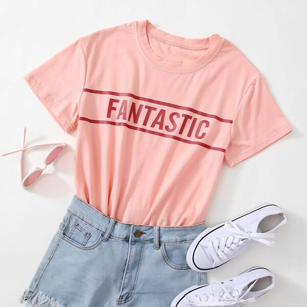 

Letter & Striped Tee, Pastel baby pink