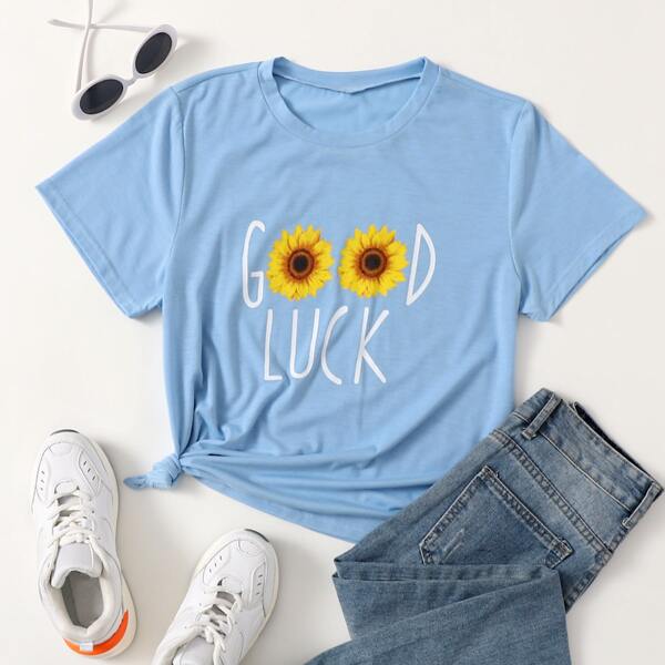 

Sunflower & Letter Graphic Tee, Pastel baby blue