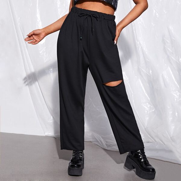 

Plus Drawstring Waist Ripped Solid Sweatpants, Black
