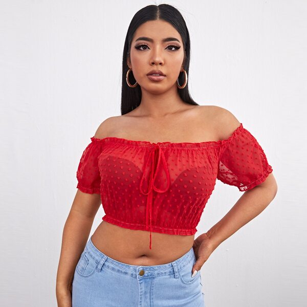 

Plus Off-shoulder Swiss Dot Frill Trim Top, Red