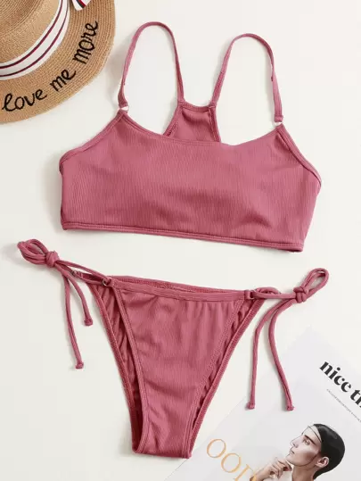 夏日海灘度假用綁帶側面肋紋比基尼套裝