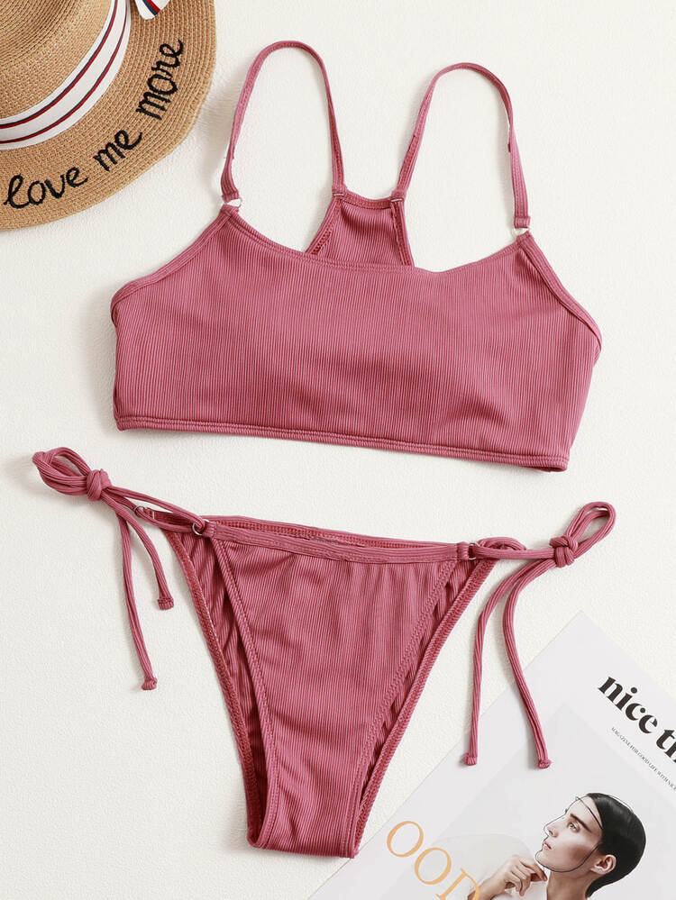 夏日海灘度假用綁帶側面肋紋比基尼套裝 - 紅木色 - 查看 1
