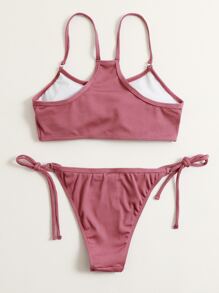 夏日海灘度假用綁帶側面肋紋比基尼套裝 - 紅木色 - 查看 2