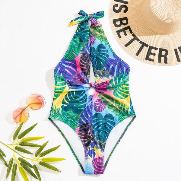 

Tropical Plunging One Piece Swimsuit, Multicolor