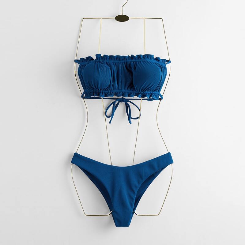 

Solid Ruched Cut Out Bikini Swimsuit, Blue