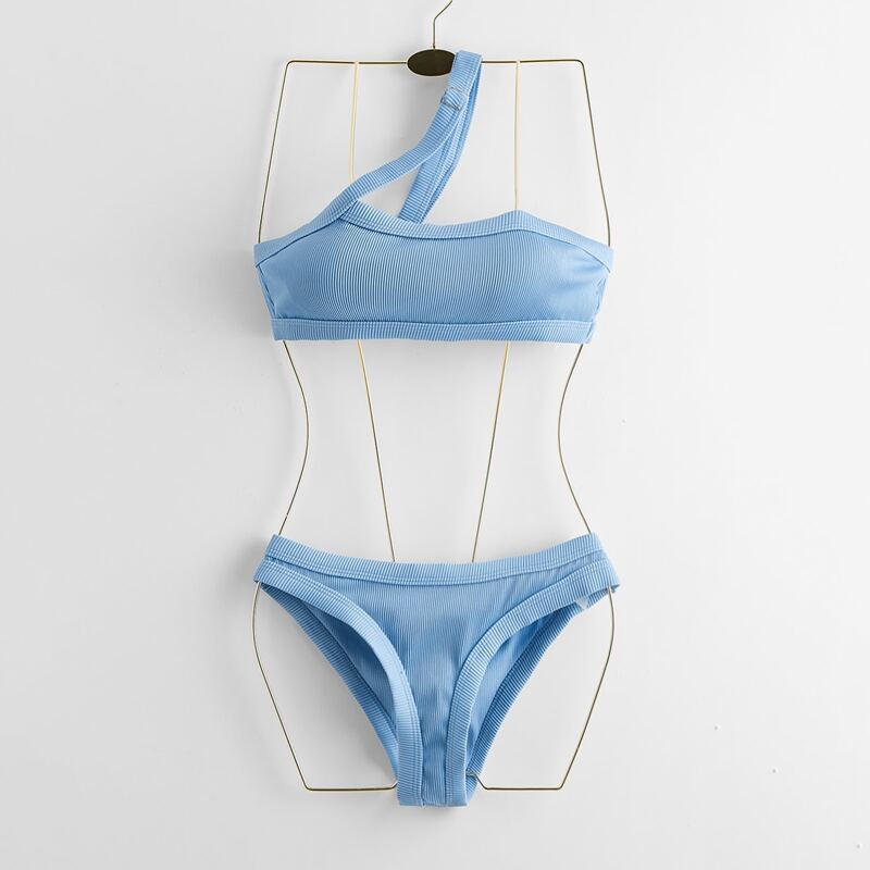 

Solid One Shoulder Bikini Swimsuit, Baby blue