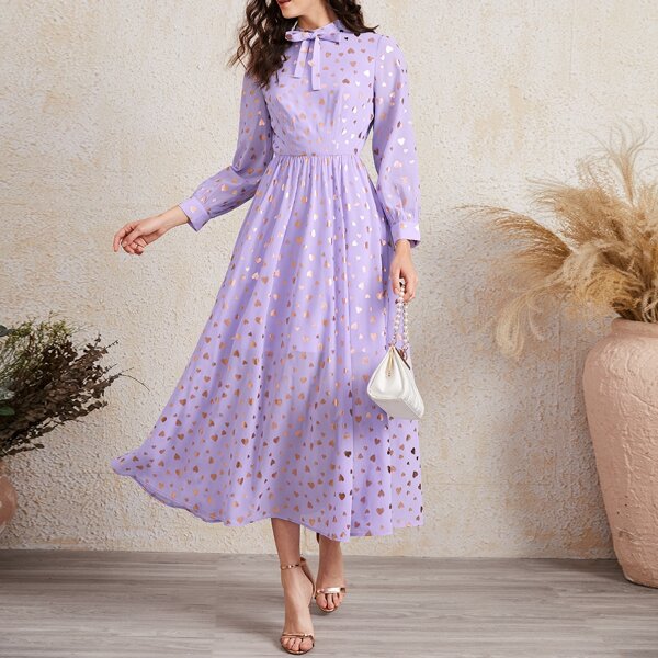 

Glitter Heart Print Knot Front Dress, Lilac purple