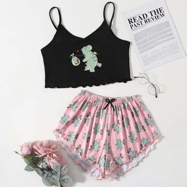 

Cartoon Dinosaur Print Bow Pajama Set, Multicolor