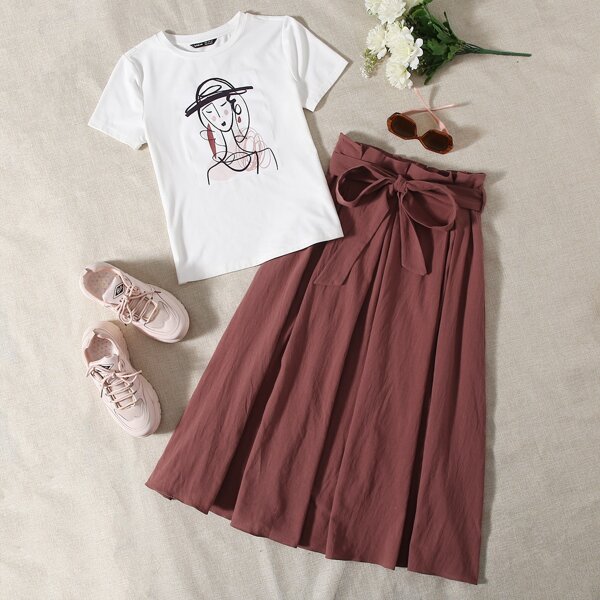 

Figure Graphic Tee & Paperbag Waist Belted Skirt Set, Multicolor
