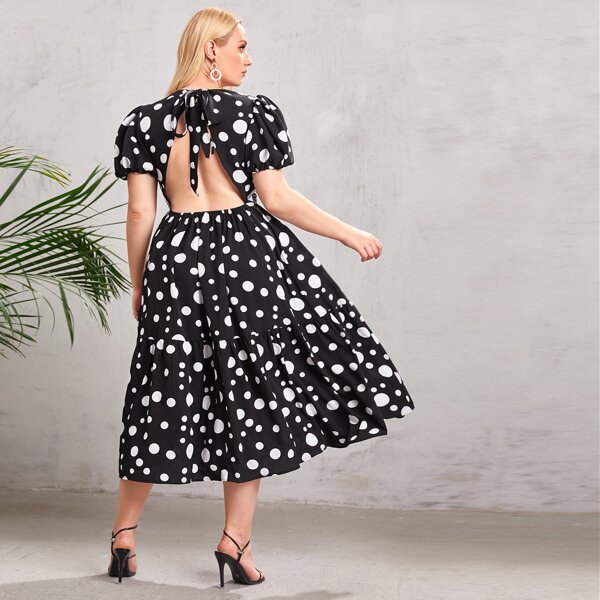 

Plus Polka Dot Print Bishop Sleeve Backless Dress, Black and white