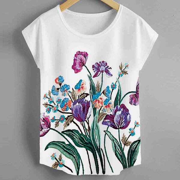 

Floral Print Batwing Sleeve Tee, White