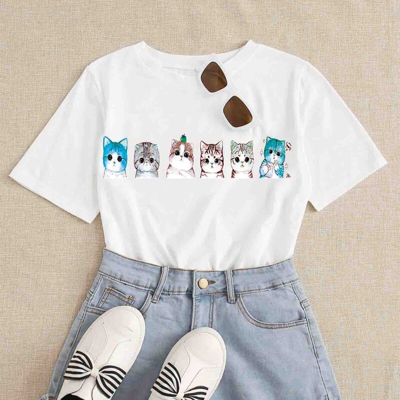 

Cartoon Cat Print Tee, White