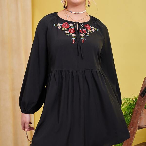 

Plus Floral Embroidered Tie Neck Smock Dress, Black