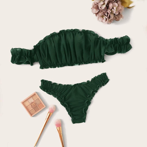 

Chiffon Lettuce Trim Bardot Lingerie Set, Dark green