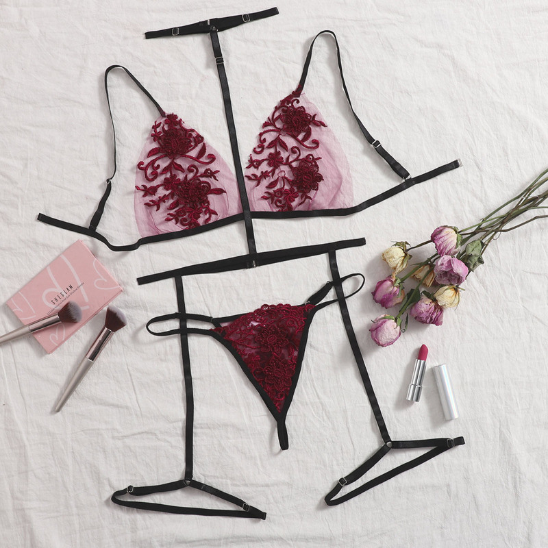 

Embroidered Mesh Garter Lingerie Set With Choker, Burgundy