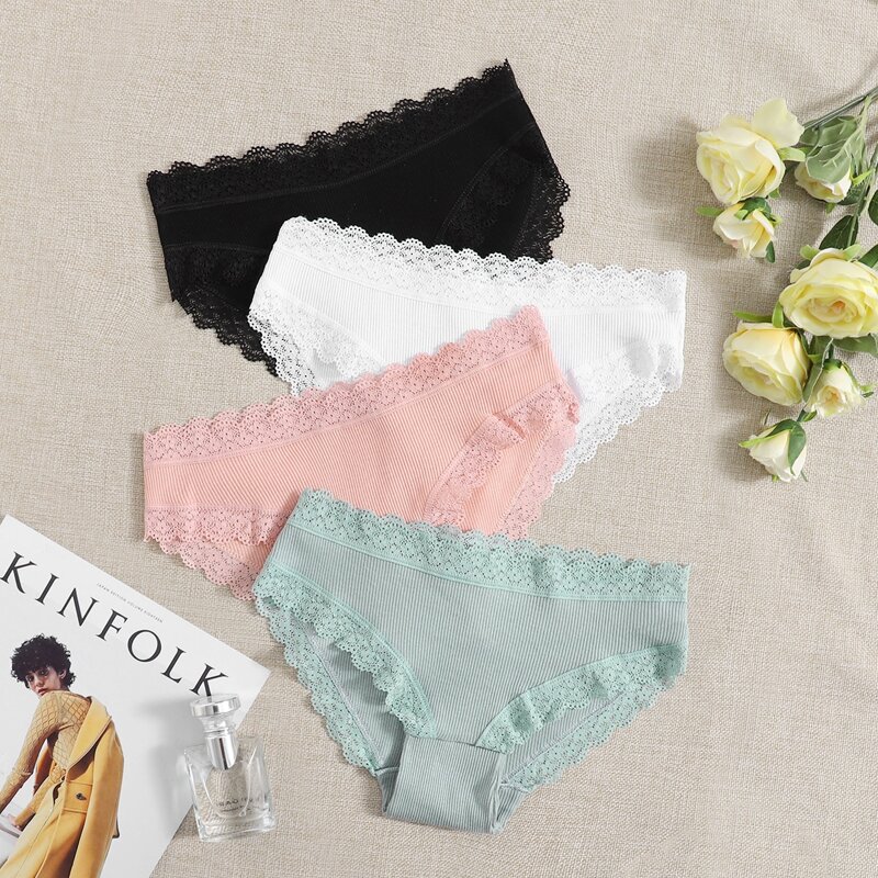 

4pack Contrast Lace Rib Panty Set, Multicolor