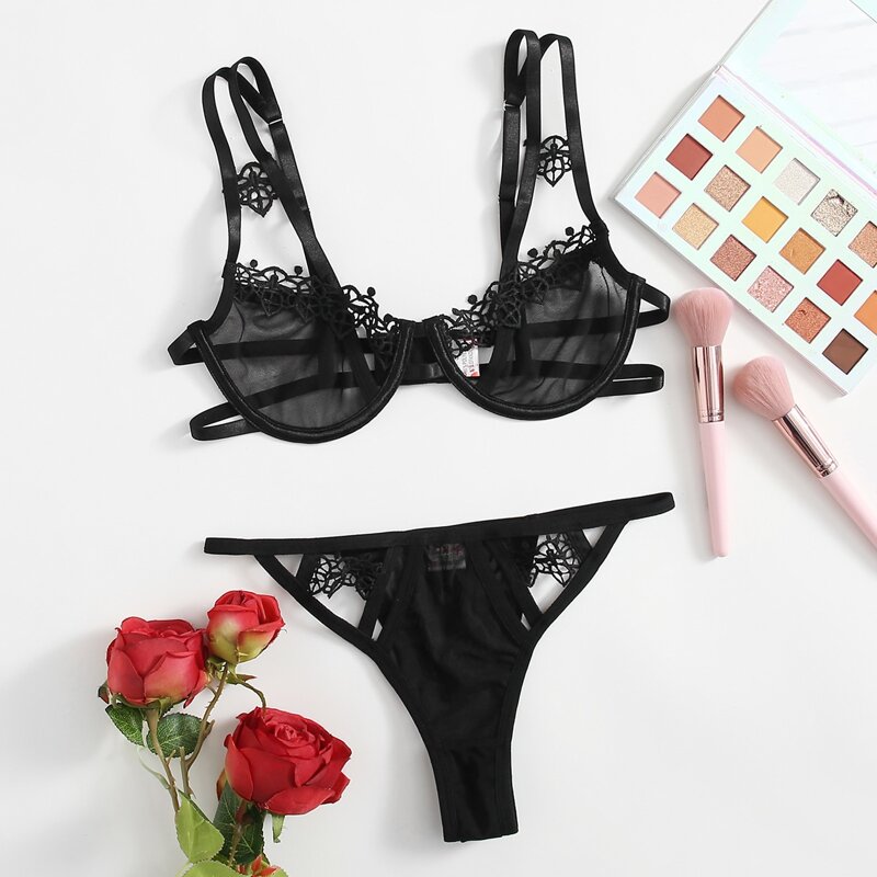 

Cut Out Underwire Mesh Lingerie Set, Black
