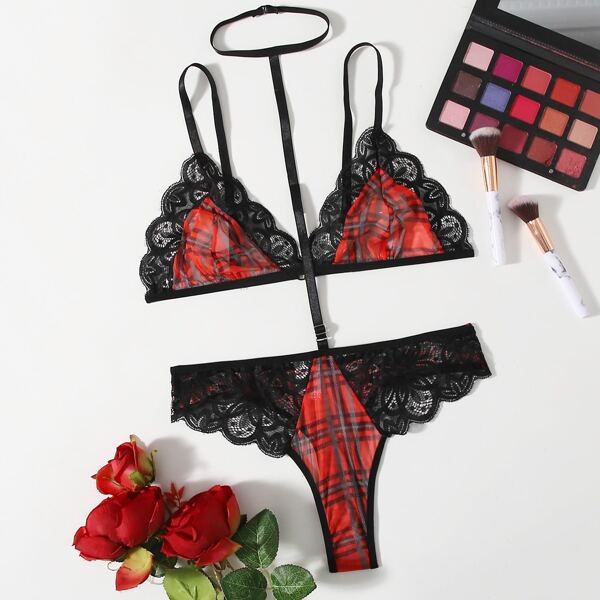 

Plaid Contrast Lace Lingerie Set With Choker, Multicolor