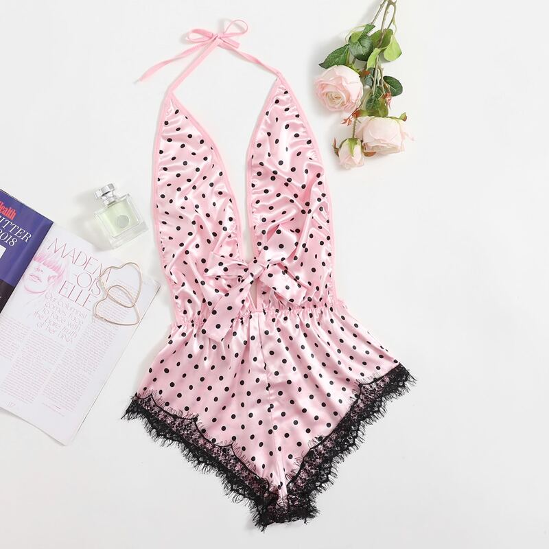 

Polka Dot Satin Plunging Teddy Bodysuit, Baby pink