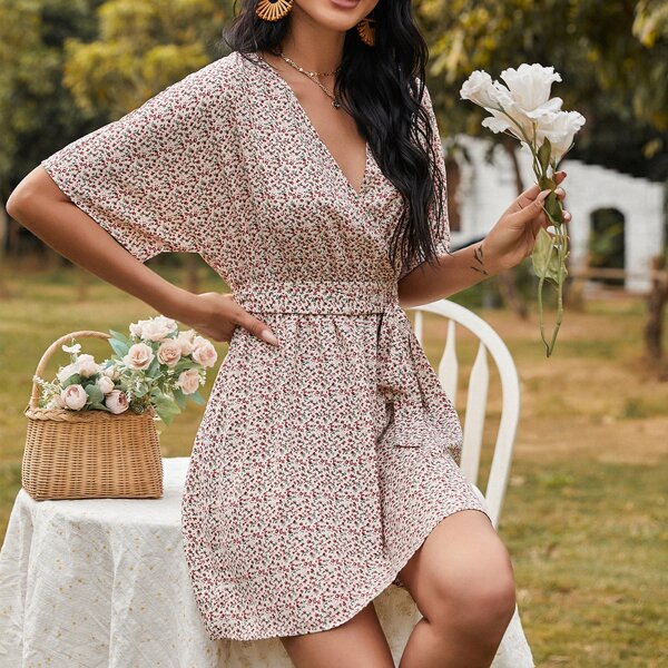 

Ditsy Floral Print Surplice Front Belted Dress, Multicolor