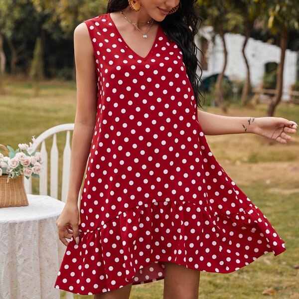 

Polka Dot Babydoll Dress, Burgundy