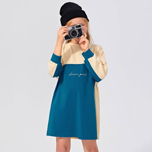 

Girls Drop Shoulder Letter Graphic Colorblock Dress, Multicolor
